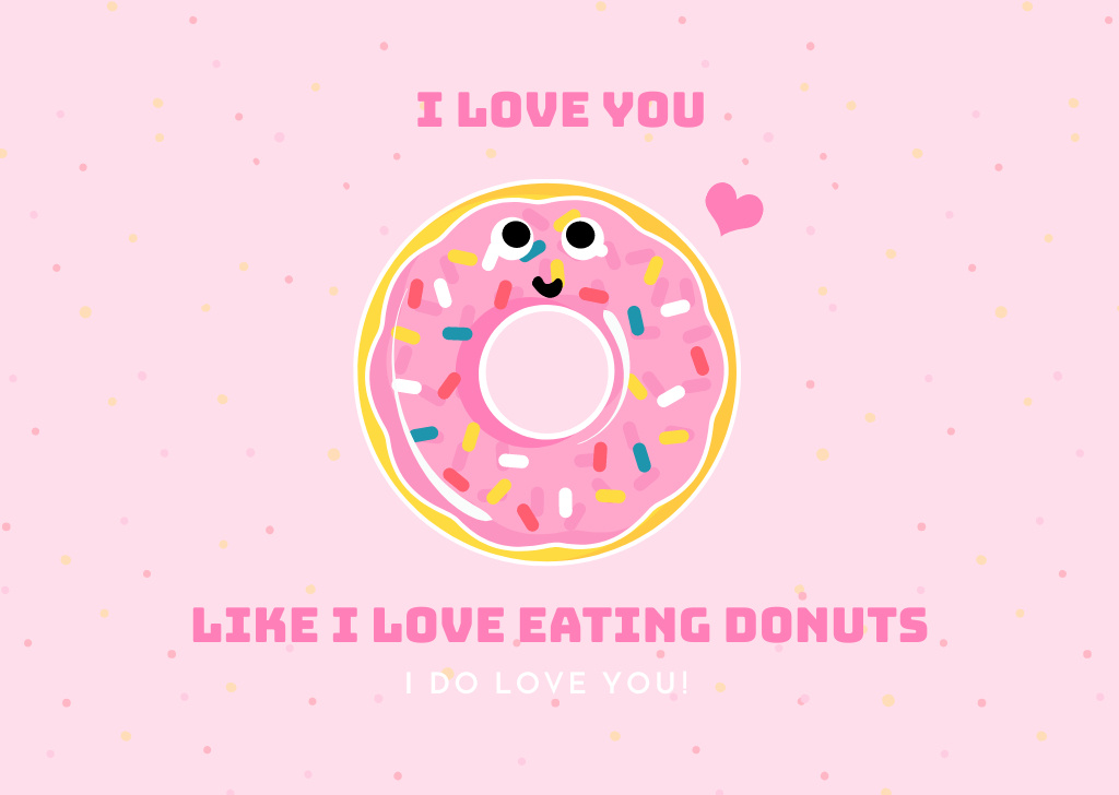 Happy Valentine's Day Greetings with Cute Cartoon Donut and Heart Card Design Template