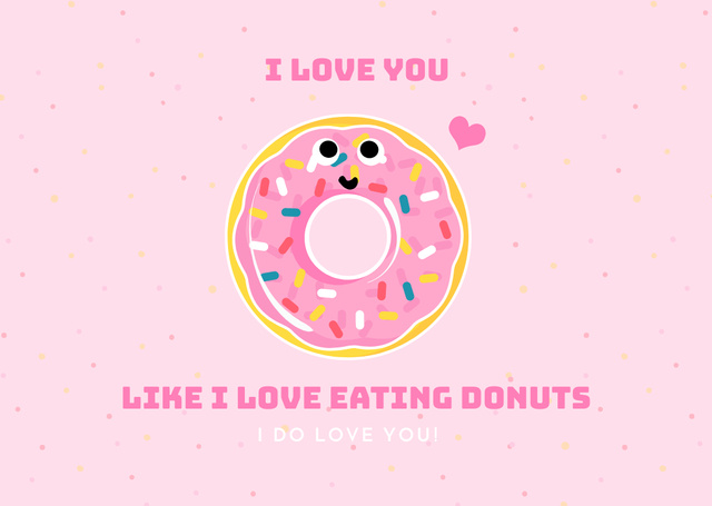 Happy Valentine's Day Greetings with Cute Cartoon Donut and Heart Card – шаблон для дизайна