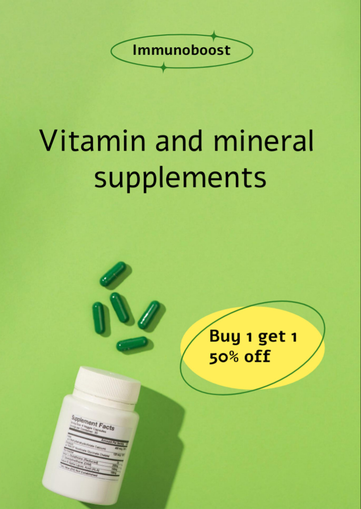 Nutritional Supplements Offer with Pills in Green Flyer A6 Design Template