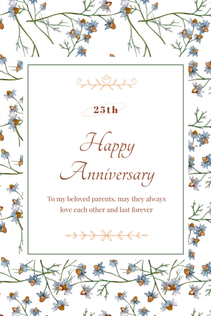 Happy Wedding Anniversary with Floral Greeting Postcard 4x6in Vertical Design Template