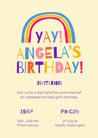 Birthday Party Announcement with Bright Rainbow Invitationデザインテンプレート