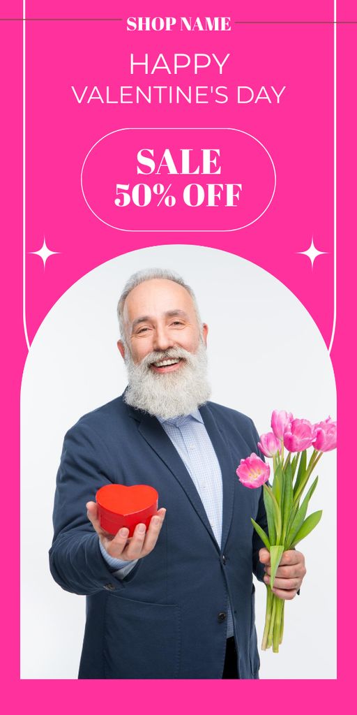 Valentine's Day Sale with Stylish Gray Haired Man Graphic Design Template