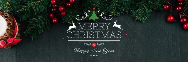 Christmas and New Year Greetings Fir Tree Branches Twitter Design Template