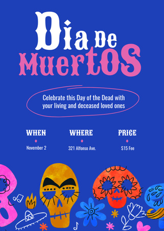 Dia de los Muertos Announcement with Skull Invitation Design Template