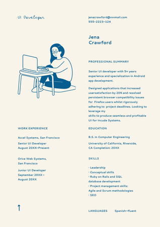 Web Developer Skills and Experience with Girl Illustration Resume Design Template