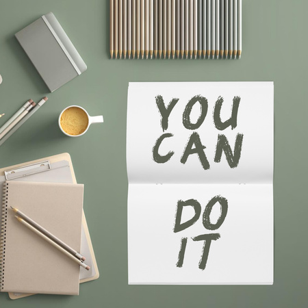 Motivating Phrase with Office Supplies at Workplace Instagram Design Template