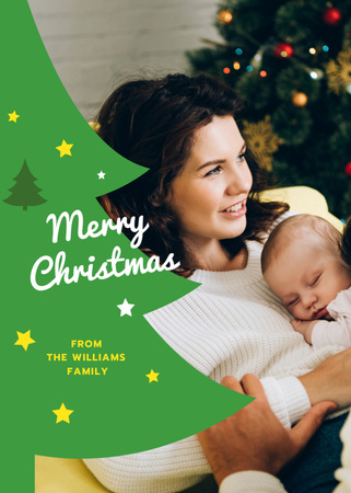 Christmas Greeting Family With Baby By Fir Tree Postcard 5x7in Vertical Design Template
