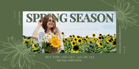 Spring Sale with Young Woman in Sunflower Field Twitter Design Template