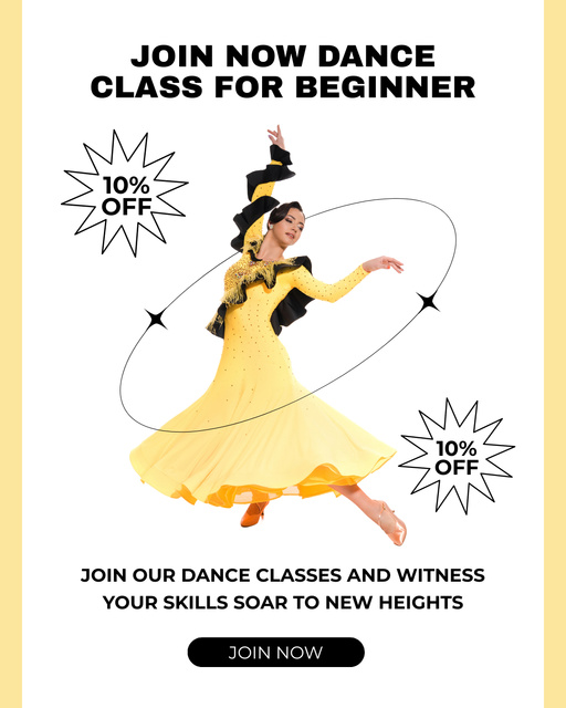 Dance Classes Ad with Beautiful Woman in Yellow Dress Instagram Post Verticalデザインテンプレート