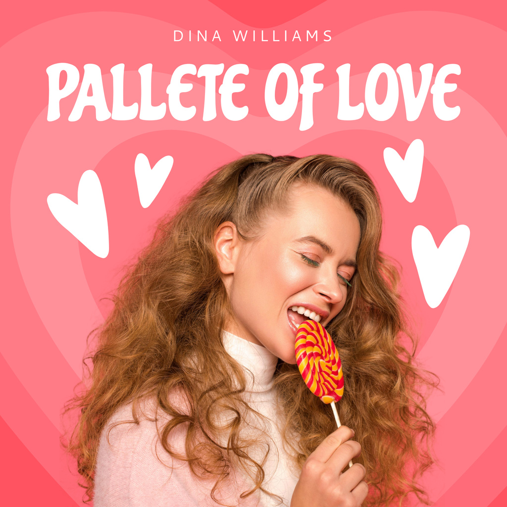 woman eating lollipop surrounded with white hearts and text Album Cover Šablona návrhu