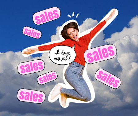 Sale Announcement with Funny flying Woman Facebook Modelo de Design