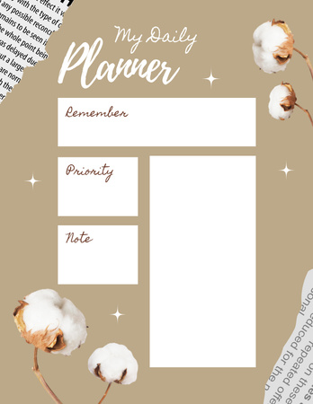 Daily Planner with Branches of Cotton Plants Notepad 8.5x11in Design Template
