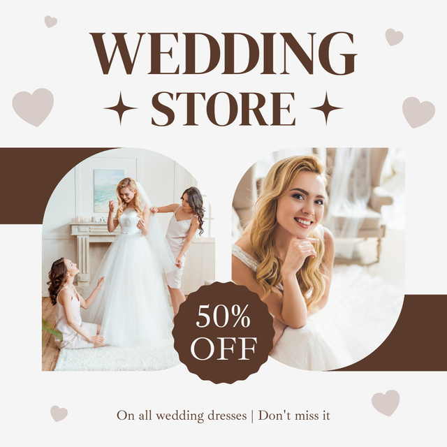 Discount in Wedding Shop with Beautiful Bride in Dress Instagram Šablona návrhu