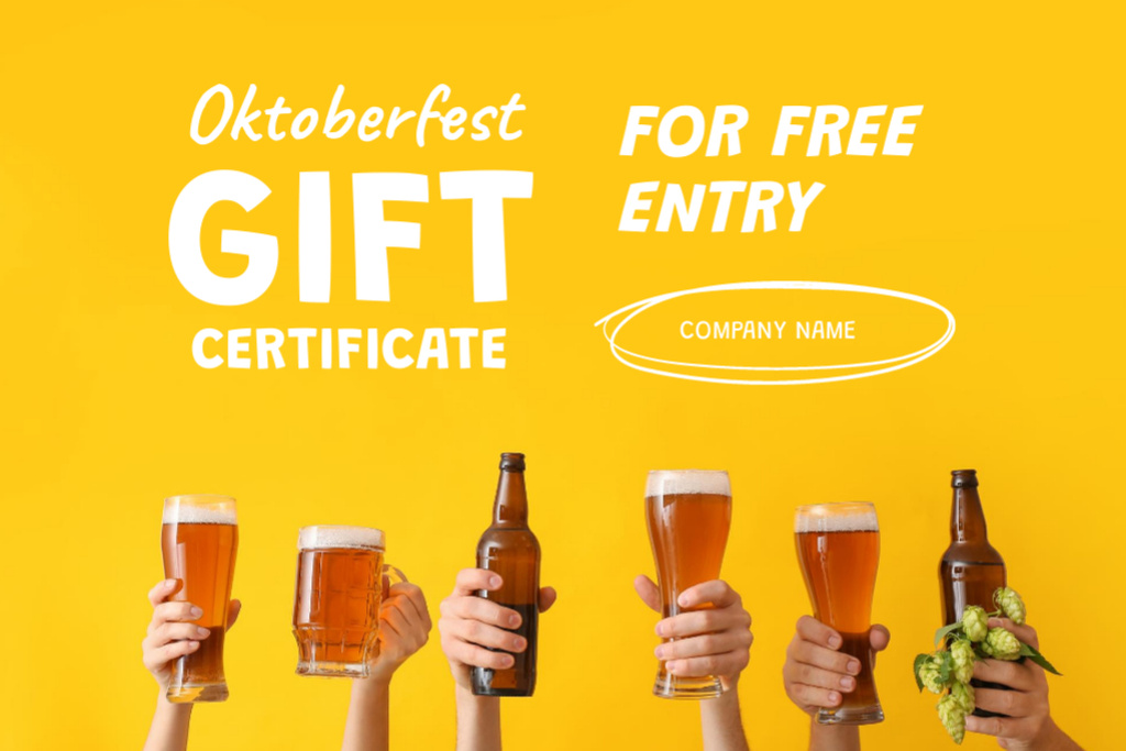 Oktoberfest Celebration Announcement with Beer Glasses and Bottles Gift Certificate Design Template
