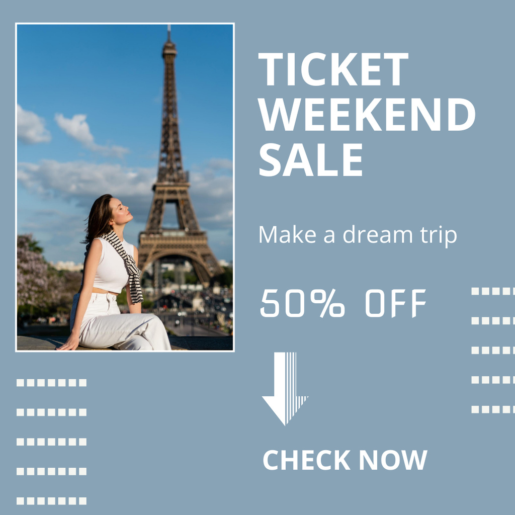 Ticket Weekend Sale Ad with Romantic Lady in Paris Instagramデザインテンプレート