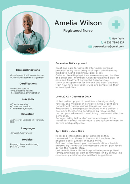 Nurse Skills and Experience with Friendly Woman Resumeデザインテンプレート