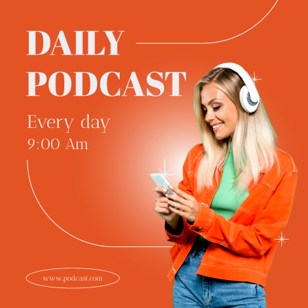 Platilla de diseño Daily Podcast  with Woman in Earphones Podcast Cover