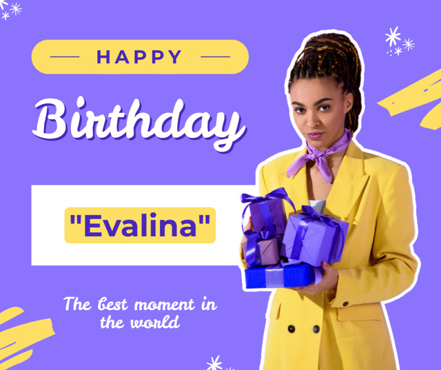 Happy Birthday Wishes to a Woman on Yellow and Purplr Facebook Design Template