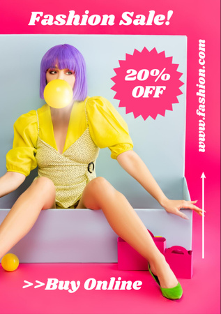 Fashion Sale Announcement with Stylish Woman Blowing Gum Flyer A7 Design Template
