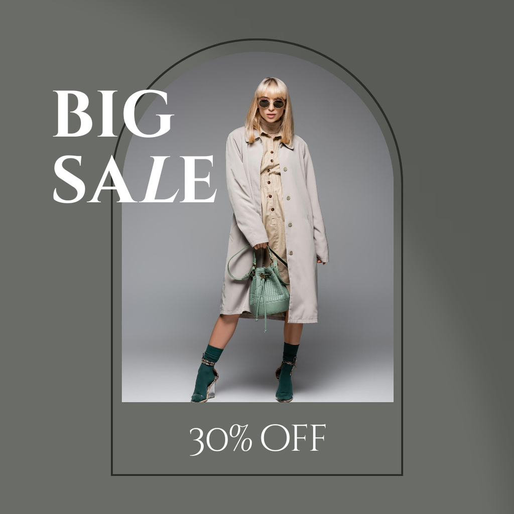 Sale Announcement with Stylish Woman in Trench and Sunglasses Instagram Design Template