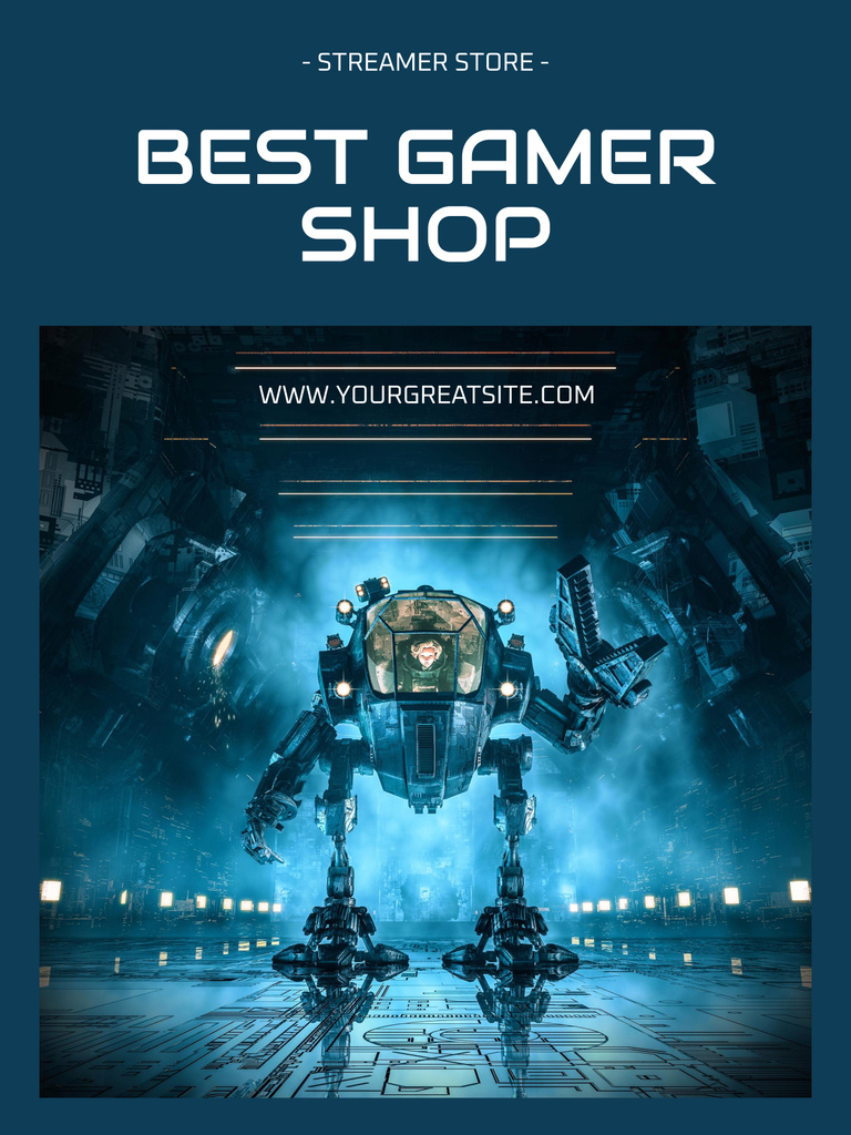 Gaming Merch Shop Ad with Futuristic Robot Poster 36x48in Modelo de Design