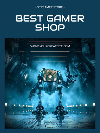 Template di design Annuncio del negozio di merchandising di giochi con robot futuristico Poster 36x48in