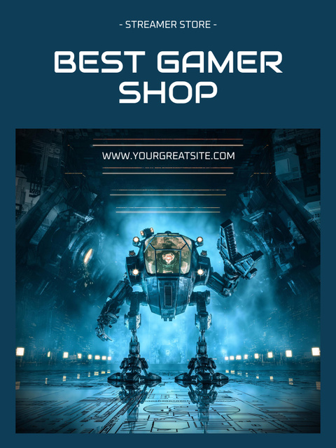 Gaming Merch Shop Ad with Futuristic Robot Poster 36x48in – шаблон для дизайну