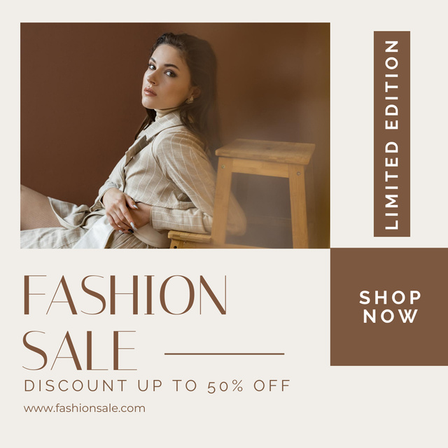 New Collection with Attractive Girl in Stylish Jacket in Brown Instagram Design Template
