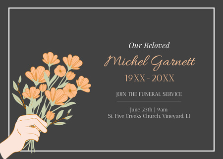 Funeral Ceremony Announcement with Flowers Bouquet in Hand Card Design Template