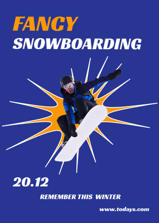Anúncio de evento de snowboard Homem andando nas montanhas nevadas Flayer Modelo de Design