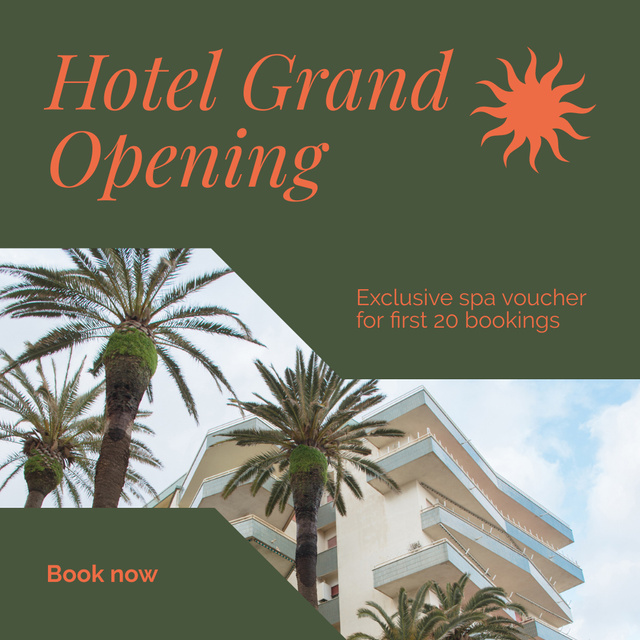 Ontwerpsjabloon van Instagram van Bright Hotel Grand Opening Event With Spa Voucher For Guests
