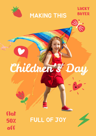 Colorful Kite With Discount For Children's Day Poster A3 – шаблон для дизайну