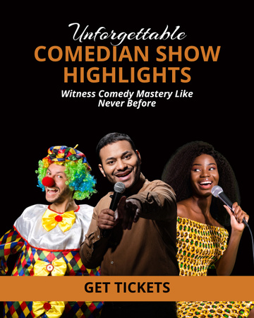 Announcement about Comedy Show with Young People and Clown Instagram Post Vertical Design Template