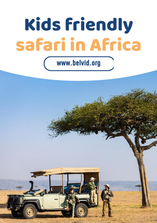 Plantilla de diseño de Impresionante anuncio de viaje de safari en África con familia en automóvil Flyer A5 