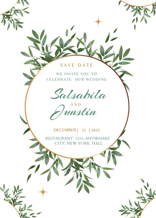 Wedding Event Announcement With Green Leaves Postcard 5x7in Vertical Design Template