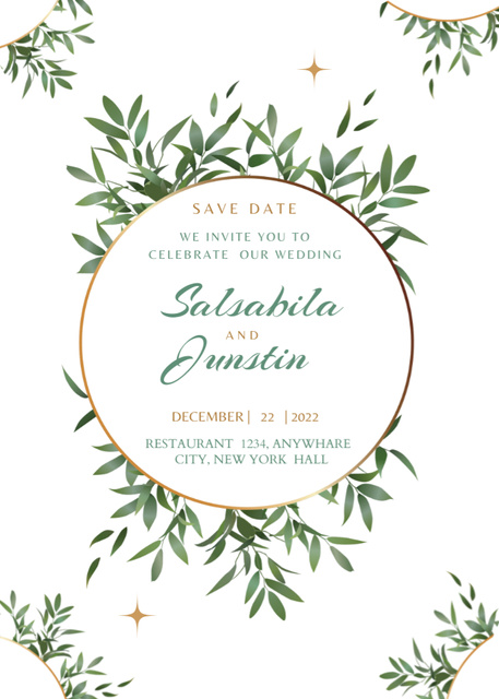 Wedding Event Celebration Announcement With Green Leaves Circle Postcard 5x7in Vertical Tasarım Şablonu