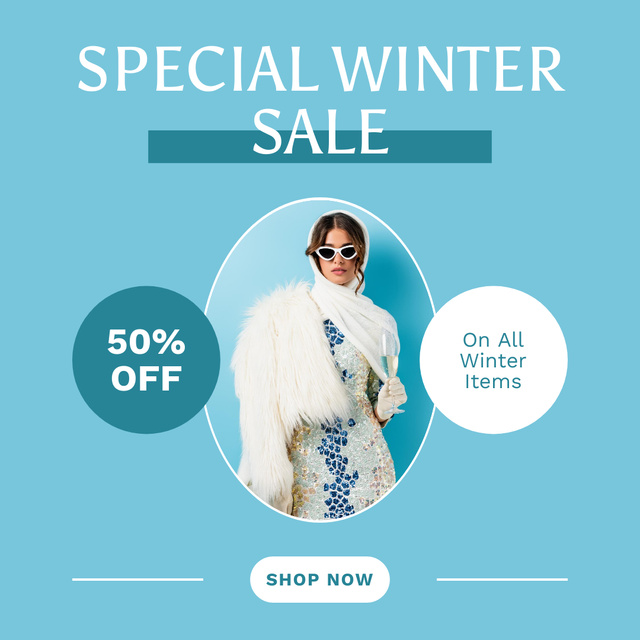 Winter Special Sale Announcement with Stylish Woman on Blue Instagram Πρότυπο σχεδίασης