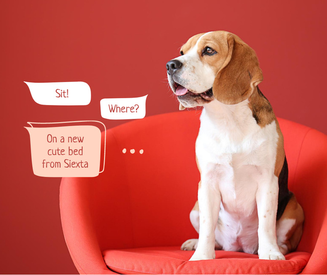 Beagle sitting on red dog bed Facebookデザインテンプレート