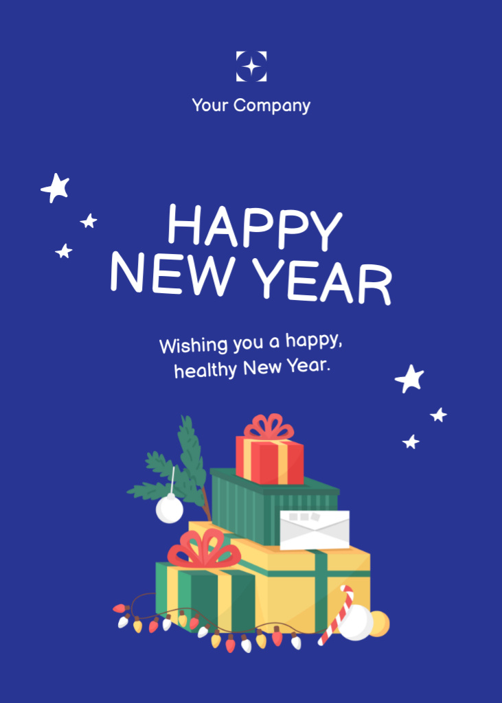Designvorlage New Year Wishes with Colorful Presents and Garland Illustration für Postcard 5x7in Vertical