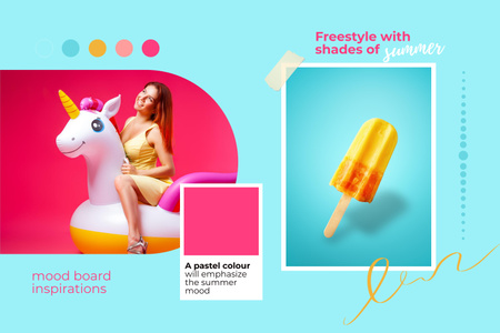 Ontwerpsjabloon van Mood Board van Cute Woman on Inflatable Unicorn