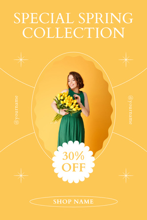 Designvorlage Spring Sale with Young Woman with Tulips für Pinterest