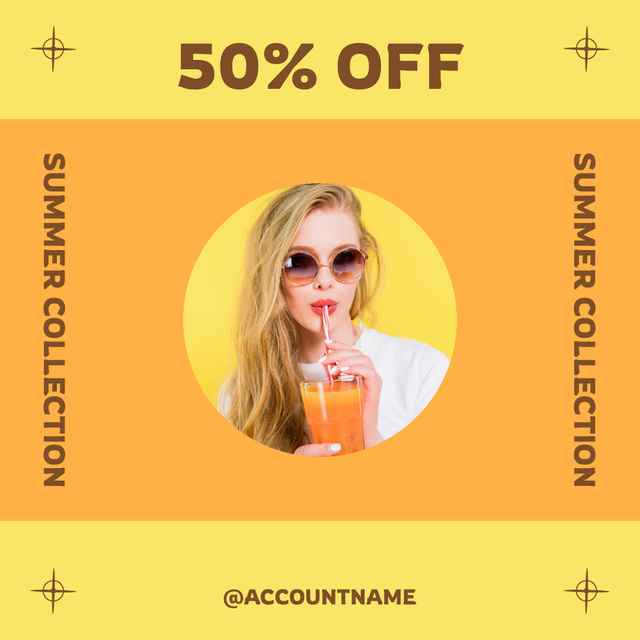 Summer Sale Announcement with Girl in Sunglasses and Сocktail Instagram Tasarım Şablonu