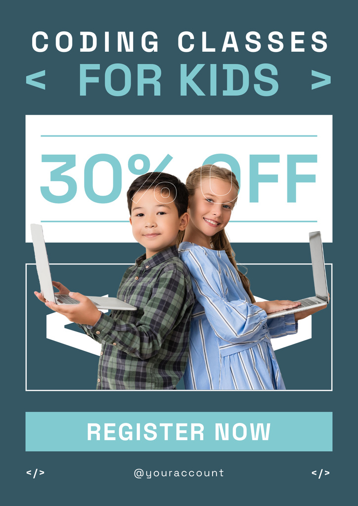 Ontwerpsjabloon van Poster van Discount on Coding Classes for Kids on Blue