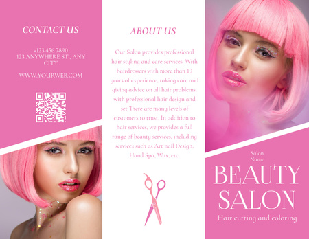 Plantilla de diseño de Servicios de salón de belleza con mujer joven con cabello rosado Brochure 8.5x11in 