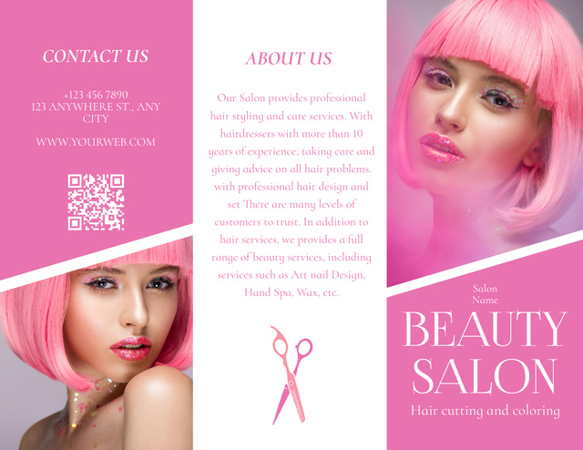Designvorlage Beauty Salon Services with Young Woman with Pink Hair für Brochure 8.5x11in