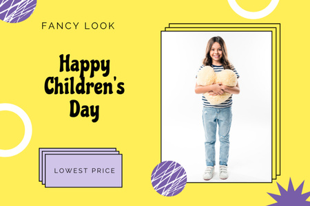 Designvorlage Children's Day Wishes With Girl Holding Toy in Yellow für Postcard 4x6in