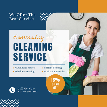 Cleaning Services Offer with Girl in Pink Gloves Instagram AD Design Template