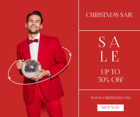 Plantilla de diseño de Hombre sonriente en traje rojo con bola de discoteca en venta de Navidad Facebook 