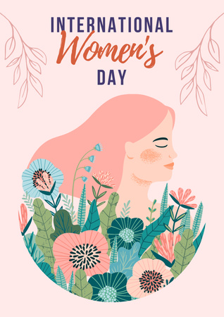 International Women's Day Greeting with Woman in Pink Flowers Poster Design Template