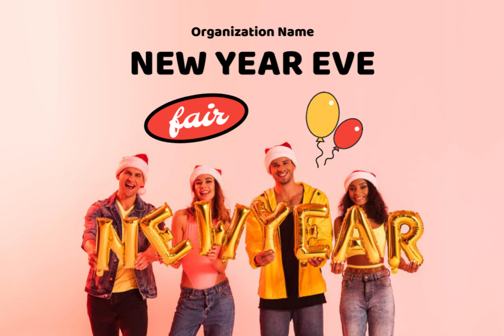 Platilla de diseño New Year Eve Fair Event Announcement with People holding Letters Flyer 4x6in Horizontal
